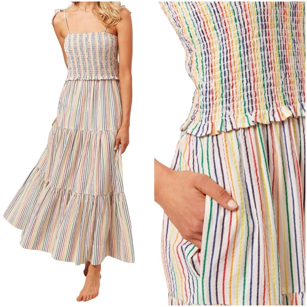 Solid & Striped The Indigo Dress in Rainbow Pinstripe S small smocked midi